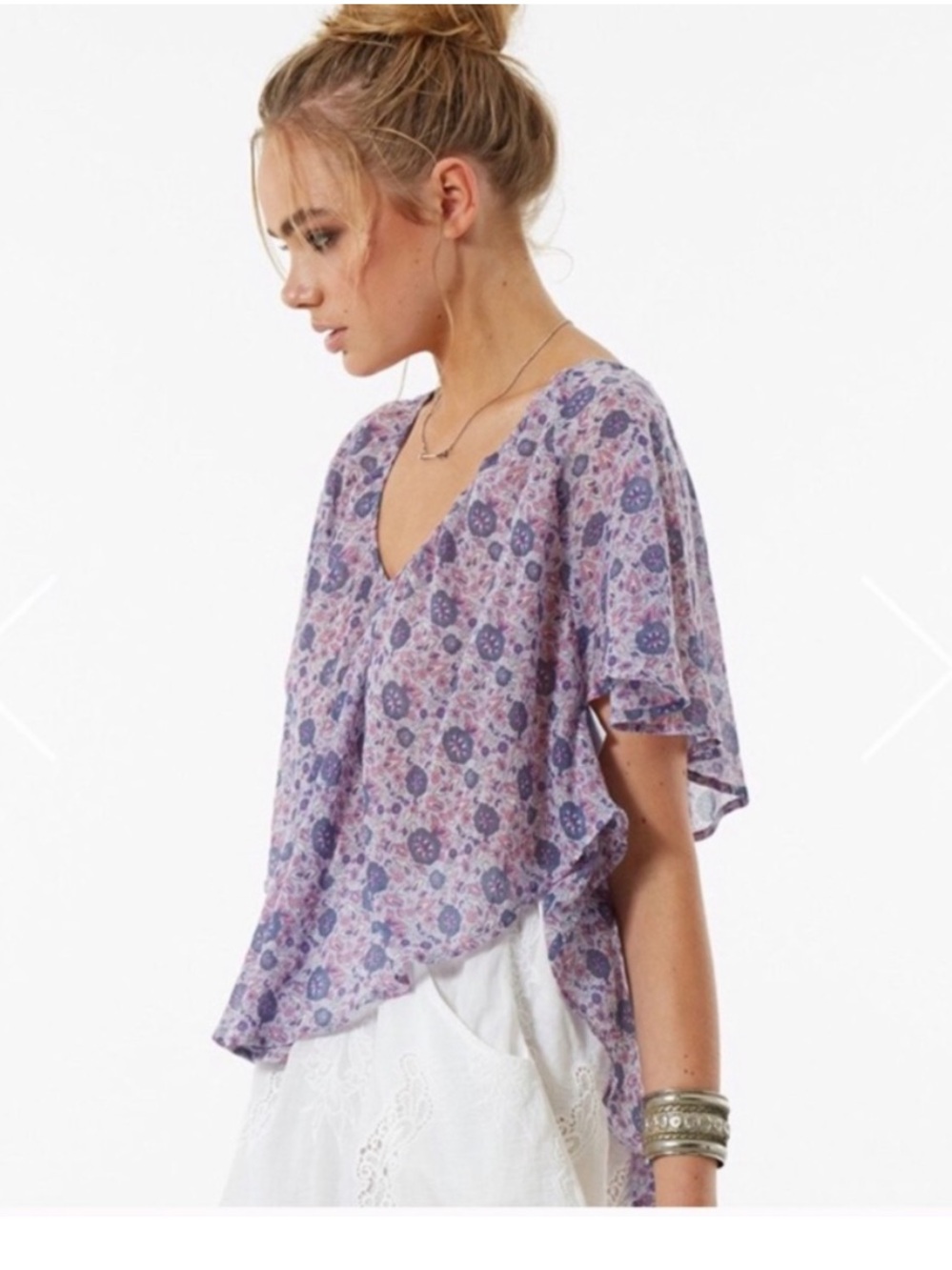 Spell + the Gypsy Collective Kombi Flutter top. Purple Floral Print. Size Large